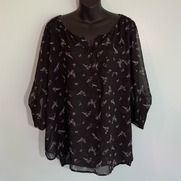 torrid Tops - Torrid Black Chiffon Finch/Bird Print Button Down Shirt - Size 3